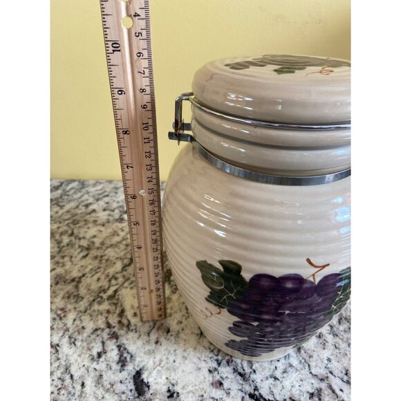 BasicVintage Ceramic Kitchen Canisters Grape Design Metal Clamp Lids Set Of 2 - Picture 7 of 7
